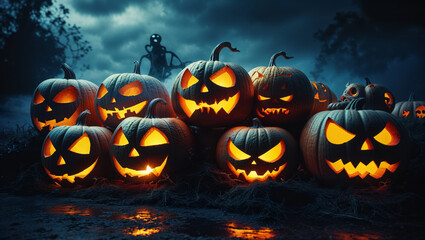 Obraz premium A group of illuminated jack-o'-lanterns with spooky faces glow in a dark field on Halloween.