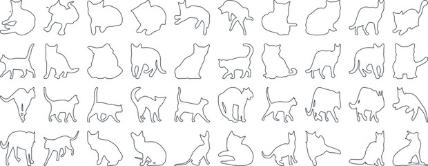 Cat Silhouettes Vector Illustration, perfect for Halloween, cat lovers. Features various cat poses, paw prints. Ideal for pet, animal, feline, domestic, house cat