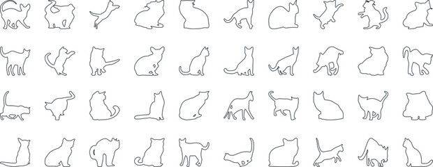 Cat Silhouettes Vector Illustration, perfect for Halloween, cat lovers. Features various cat poses, paw prints. Ideal for pet, animal, feline, domestic, house cat