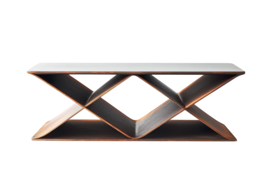 Unique modern console table designed with intersecting shapes and a sleek finish for contemporary interiors