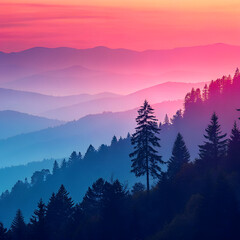 Obraz premium Mountain landscape with pink and blue sunset
