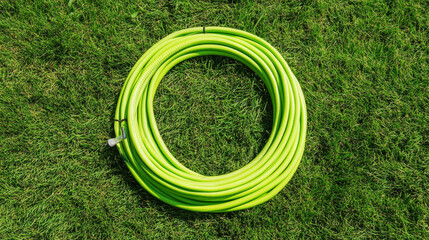 Verdant Flow: Green Garden Hose Resting on Lush Lawn


