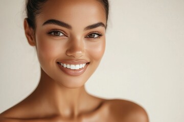 Close-up of a cheerful woman showcasing healthy and radiant skin. Generated AI