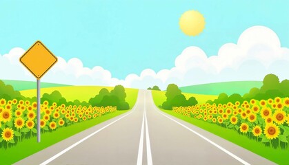 Illustration of a road with sunflowers and bright sky