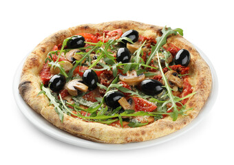 Tasty pizza with mushrooms, black olives and arugula isolated on white