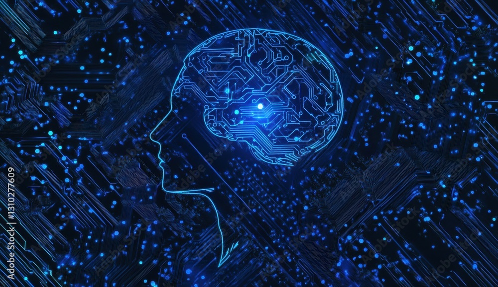 Aufkleber abstract blue circuit board background with a digital human head silhouette and glowing lights, symb
