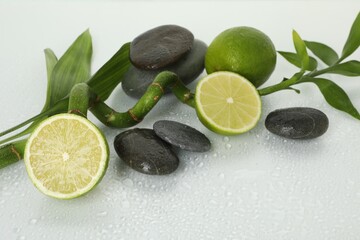 Spa composition with limes, massage stones and bamboo stem on wet surface