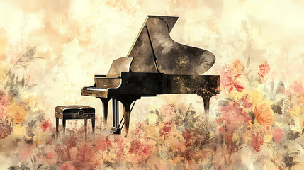 Wallpaper with a piano, representing an artistic and poetic motif that represents the field of music in an abstract style. Poetic - Bridge. Illustration
