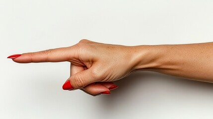 Woman's hand pointing, red nails, studio, white background, direction
