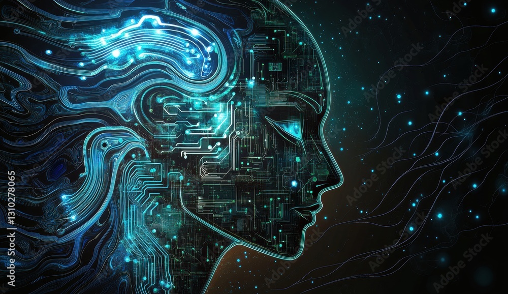 Aufkleber abstract digital human head with circuit board and blue glowing waves on a dark background illustrat