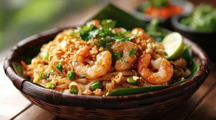 Vibrant pad thai nestled in banana leaf a tasty thai delight