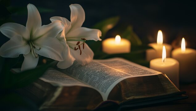 Floral tribute, open Bible, candles, solemn setting