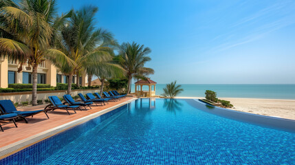 Fototapeta premium Stunning Luxury Swimming Pool by the Beach with Breathtaking Ocean Views, Deck Chairs Arranged Along Poolside, and Clear Blue Skies Creating a Serene and Tranquil Ambiance for Relaxation