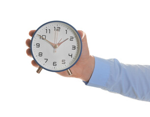Man with alarm clock on white background, closeup