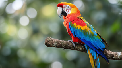 Obraz premium Brightly colored macaw perched on a branch amidst lush greenery in a tropical environment during daylight hours