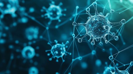 Microscopic view of virus particles and molecular structures in blue environment.