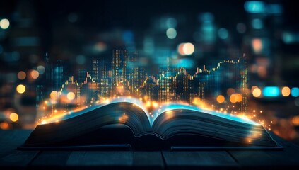 Illuminated Book of Financial Charts over Night City