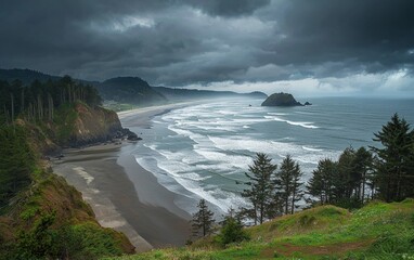 Dramatic ocean waves crash against the rugged coastline under a moody sky in a remote location