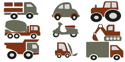 Transportation Icons Set Vector.  Set of Children's Toys, Transport, Playful Prints Vector