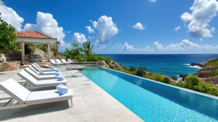 Fototapeta premium Stunning Luxury Swimming Pool by the Beach with Breathtaking Ocean Views, Deck Chairs Arranged Along Poolside, and Clear Blue Skies Creating a Serene and Tranquil Ambiance for Relaxation