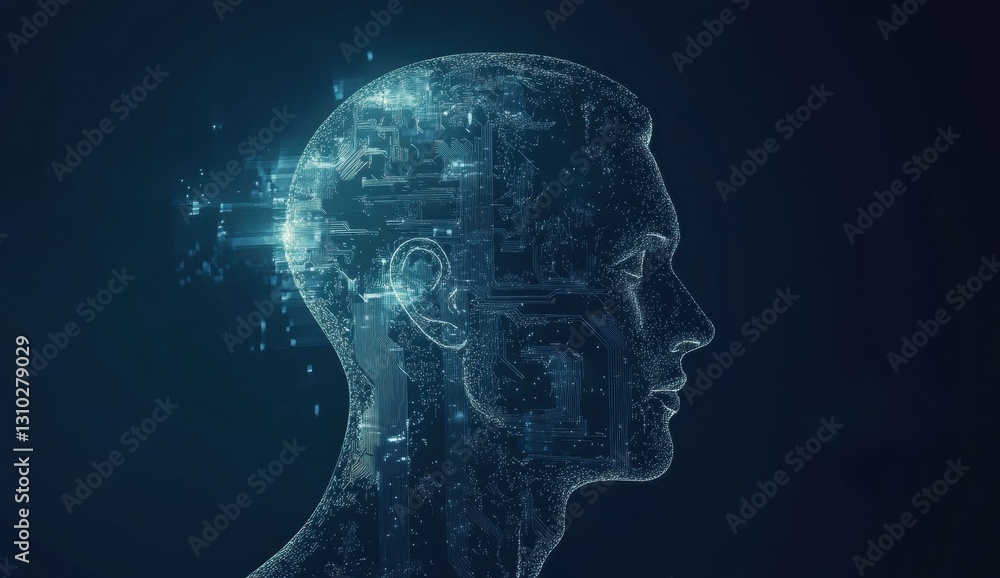 Poster abstract digital human head with a circuit board pattern and glowing light on a dark blue background