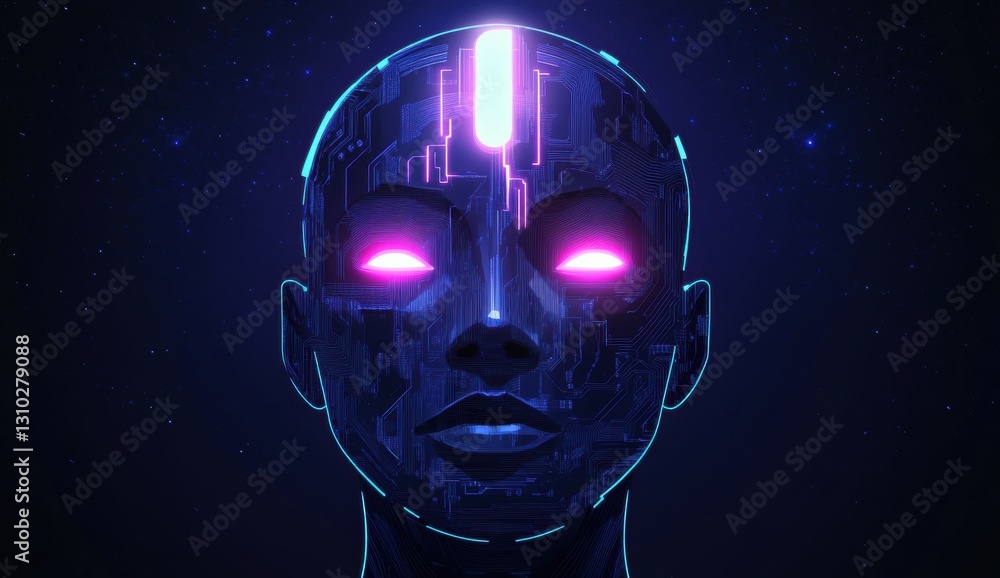 Poster abstract digital human head with a circuit board pattern and glowing light on a dark blue background
