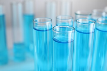 Test tubes with blue liquid on blurred background, closeup