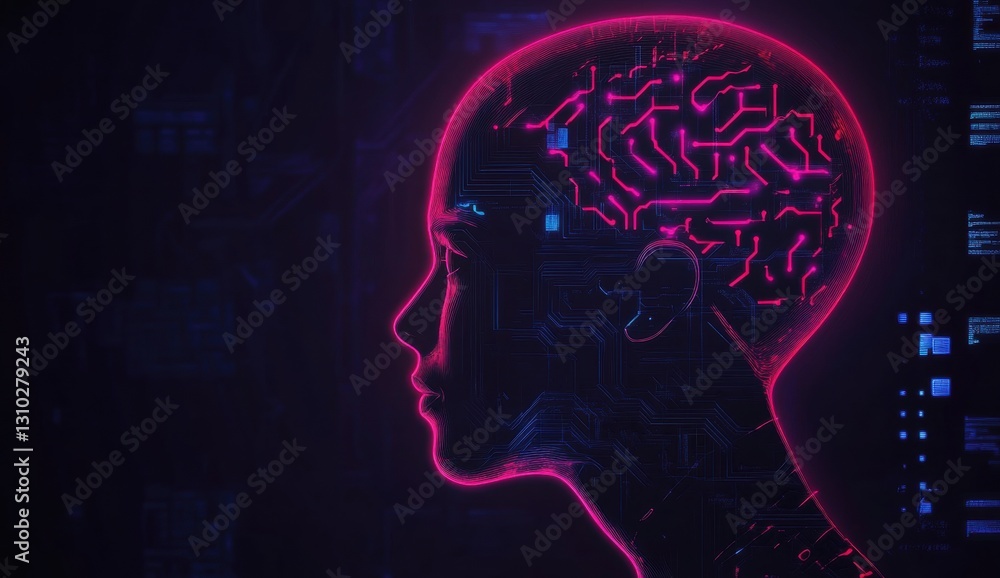 Aufkleber abstract digital human head with a circuit board pattern and glowing blue lights on a dark backgroun