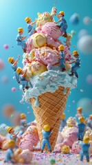 Miniature chefs crafting a giant ice cream cone delight