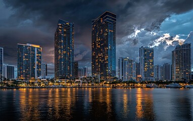 Obraz premium Evening skyline view of downtown Miami with dramatic clouds and illuminated buildings reflecting on the water