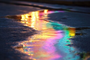 Artificial image showcasing a rainbow-hued puddle reflecting colors on a street.