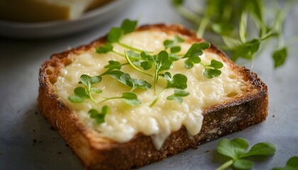 Melted Cheese Toast Topped With Fresh Microgreens