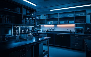 Fototapeta premium Laboratory interior showcasing advanced equipment and glowing blue lighting during nighttime exploration