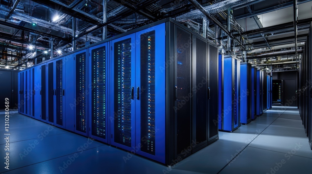 Aufkleber A high-tech data center with blue server racks and intricate wiring in a futuristic environment. Ideal for cloud computing, cybersecurity, and digital infrastructure concepts