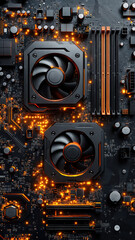 Fototapeta premium Two powerful cooling fans working on motherboard with orange lights