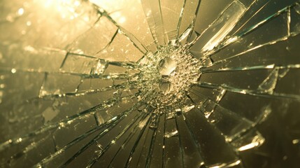 Shattered glass window featuring a noticeable hole in its center.