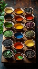 Fototapeta premium Cups of tea being served at a cozy cafe with a garden view: exploring the concept of herbal tea traditional tea and exotic tea at local breweries