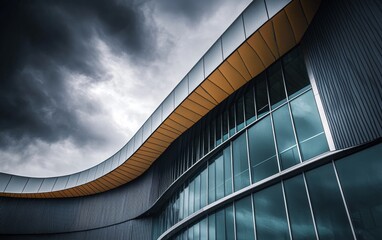 Obraz premium Modern architectural design under an ominous sky with dramatic clouds in an urban setting during late afternoon