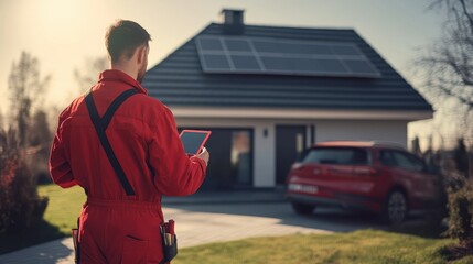 A technician in a red uniform checks a tablet, inspecting solar panels on a modern home with a red car parked nearby