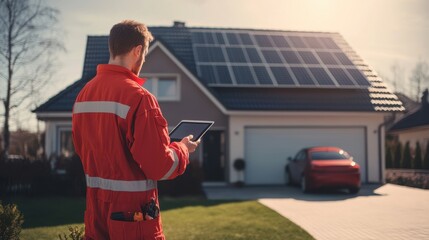A technician in a red uniform checks a tablet, inspecting solar panels on a modern home with a red car parked nearby