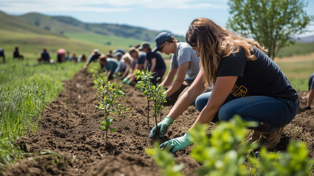 Volunteers engage in community planting activity on a sunny day at a rural farm, contributing to environmental sustainability and reforestation