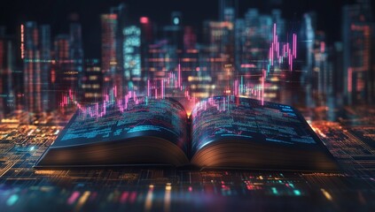 Open Book with Stock Charts over Cityscape