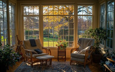 Obraz premium Cozy indoor seating area with autumn view and natural lighting during late afternoon