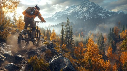 Mountain biker ascends rocky trail, autumn forest, snowy peaks