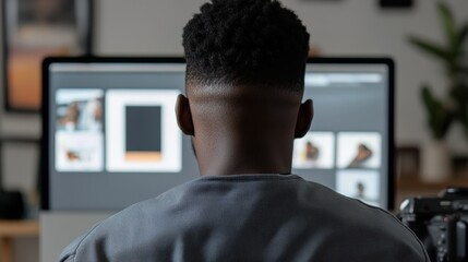 A person with a neat haircut sits facing a computer screen displaying images, in a cozy room with plants and soft lighting