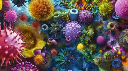 Fototapeta premium Vibrant microscopic view of colorful viruses and bacteria in a lively underwater environment.