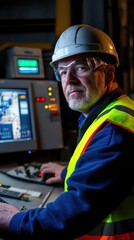 A man in a hard hat and safety vest stands confidently by a control panel, overseeing operations with a focused expression