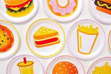 Overhead shot of colorful paper plates featuring various fast food icons.
