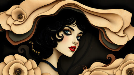 Elegant Woman Floral Portrait with Art Deco Flair