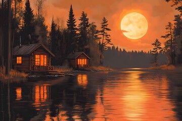 Fototapeta premium Forest cabin in the sunset glow